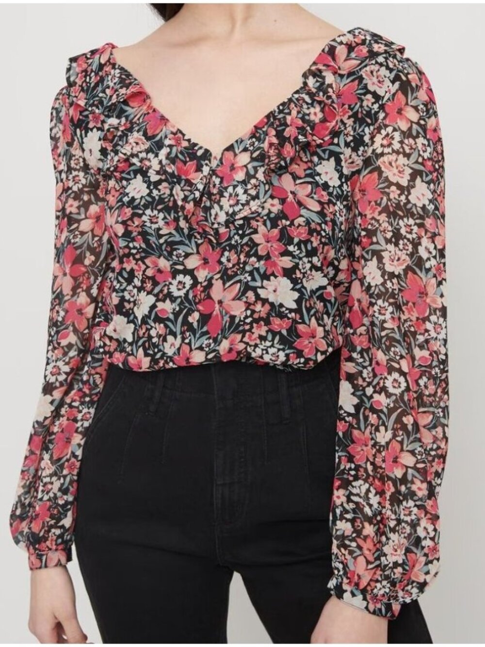 Dynamite Ruffle Lace-Up Back Floral Top size S  Long Sleeve Cropped V-neck NWT